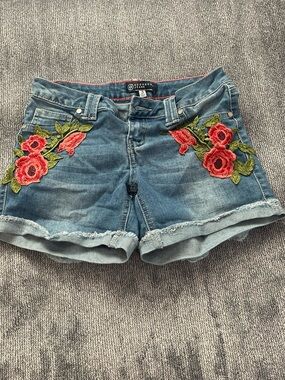 Embroidered Floral Blue Denim Shorts